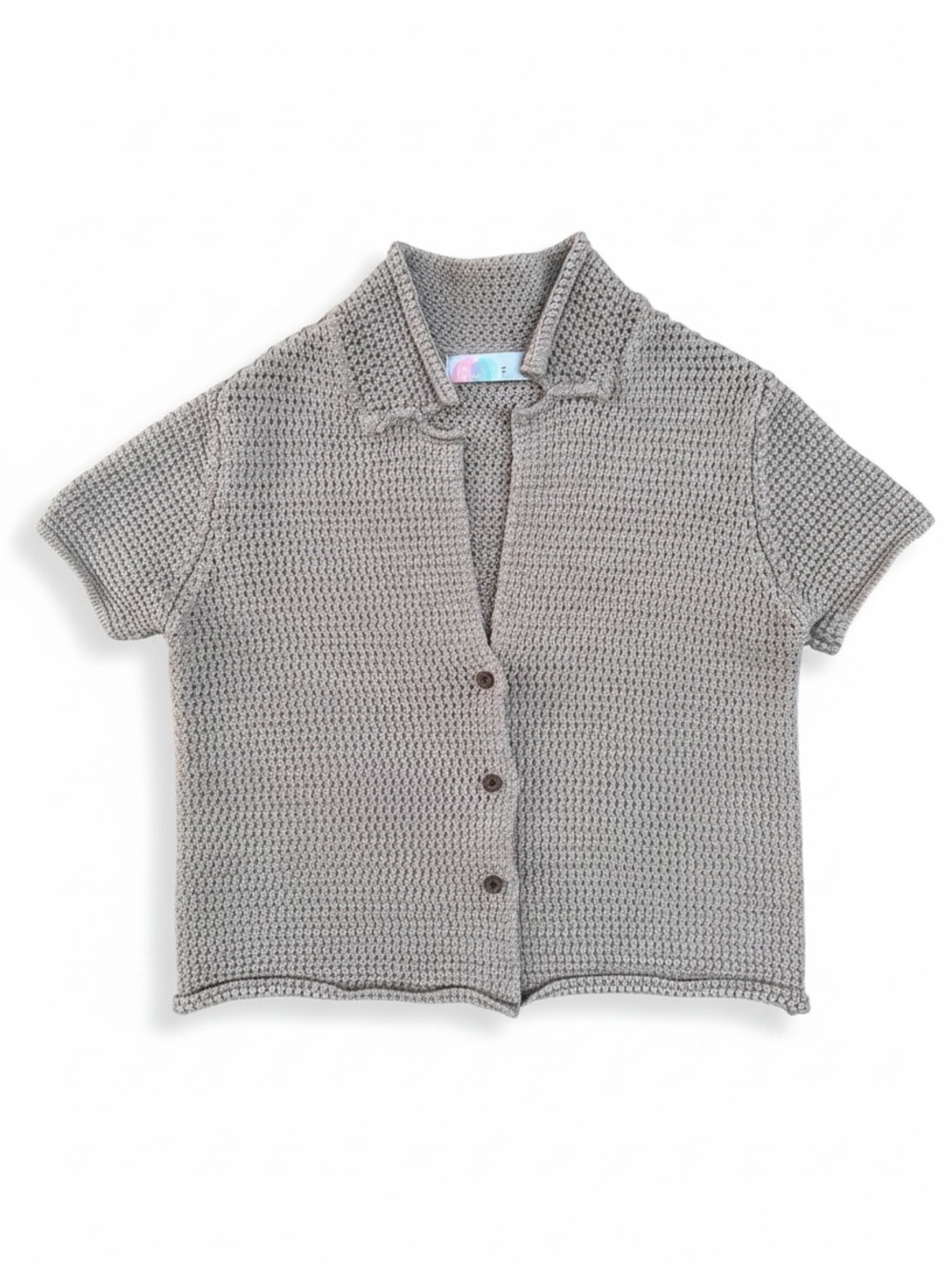 FP Beach Short-Sleeve Crochet Button-Up Sweater in Tan size M